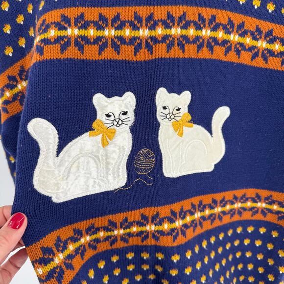 Vintage Jennifer Adams Cat Sweater Blue Fair Isle Knit USA Made Acrylic - Picture 5 of 6